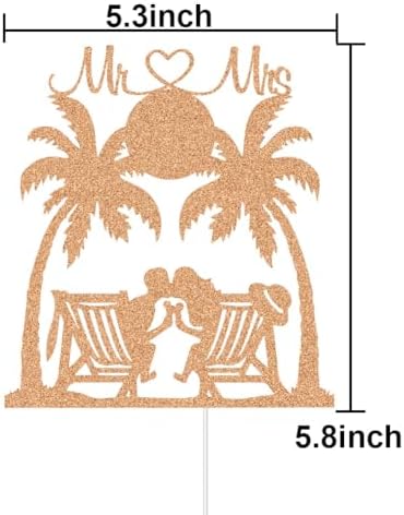 Mr & Mrs Wedding Cake Topper, The Groom Kissing Bride Sit on Chair, Hawaii Beach Sunrise and Sunset Wedding Party Decorations Travel Party, Rose Gold Glitter