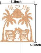 Mr & Mrs Wedding Cake Topper, The Groom Kissing Bride Sit on Chair, Hawaii Beach Sunrise and Sunset Wedding Party Decorations Travel Party, Rose Gold Glitter
