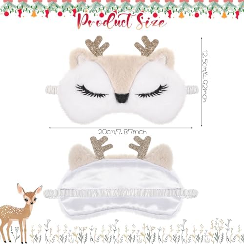 Christmas Eye Mask, 2 Pcs Cute Reindeer Sleeping Eye Mask Soft Plush Sleep Masks Funny Animal Blindfold Cartoon Eyeshade Cover for Women Home Travel Sleepover Party