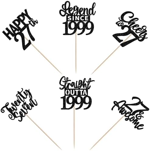 24PCS Black Happy 27th Birthday Cupcake Toppers Twenty Seven Straight Outta 1999 Cupcake Picks Cheers to 27 Lengend Since 1999 Cake Decorations for 27th Birthday Anniversary Party Decorations Supplies