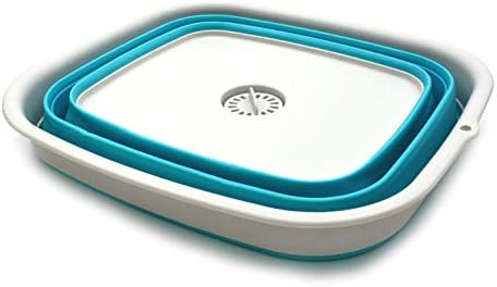 SAMMART 15L (3.9 Gallon) Collapsible Plastic Dishpan with Draining Plug - Foldable Washing Basin - Dish Washing Tub - Washing Up Bowl - Space Saving Kitchen Storage Tray (1, Bright Blue)
