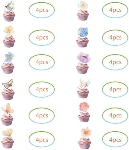 48Pcs Floral Party Cupcake Toppers for Wildflower Birthday Baby Shower Garden Floral Fairy Party Decorations
