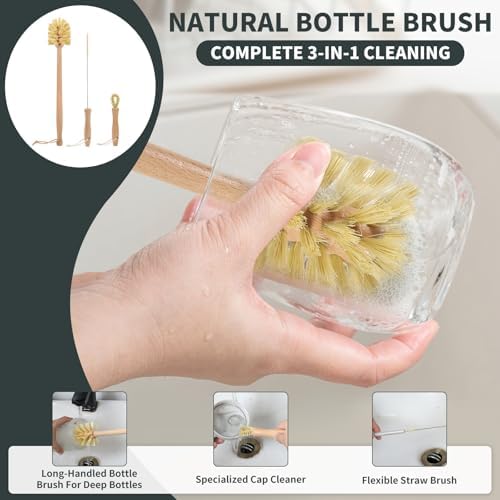 DEBETOOL Natural Bottle Brush Set 3-in-1-13.7 Inch Long Handle Wooden Bottle Brush for Cleaning, Water Bottle Cleaner Brush for Cups & Wide Mouth Jars