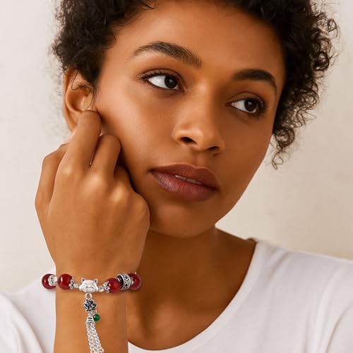 RITIM Natural Red Agate Healing Bracelet, Lucky Fox Charm Adjustable Bracelet for Women Men, Chakra Stone Beads for Positive Energy, Protection & Good Fortune, Meaningful Gift for Loved Ones