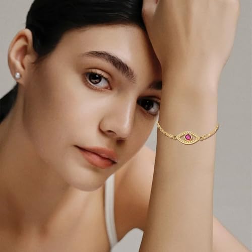 Midari 18K Yellow Gold Gemstone Birthstone Double Chain Bracelet Evil Eye Jewelry with 12 Months Birthstone Birthday Gifts for Women Wife Her Daughter Mom Sizes 7+2''