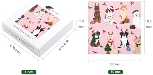 WRAPAHOLIC 50Pcs Christmas Paper Napkins - 3 Ply Christmas Puppy Disposable Luncheon Napkin for Christmas Party Supplies Tableware, Xmas Holiday - 6. 5 x 6.5 In