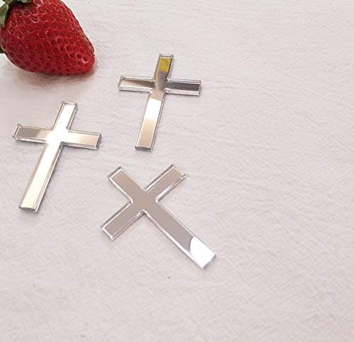 Cross Cake Decoration, Acrylic Cross Cake Charm Topper, Cake Decoration Acrylic Baptism Cross Cake Charm Religious Celebration (Silver Mirror, 2'')
