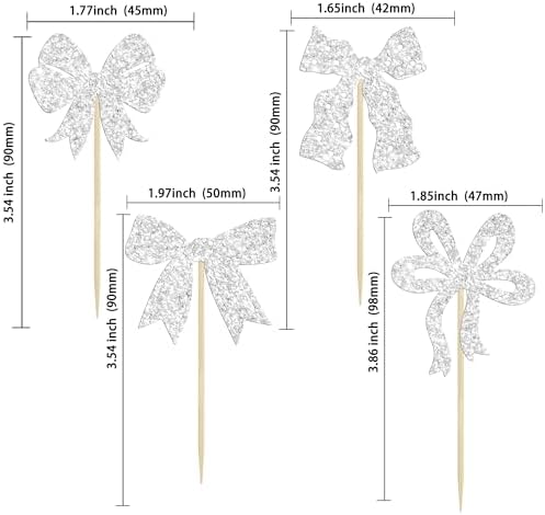 Ephlyn 24Pcs Bow Cupcake Toppers Bow Birthday Cake Topper Girls Birthday Party Decorations Bowknot Cupcake Decorations for Bridal Shower Wedding Themed Party Silver