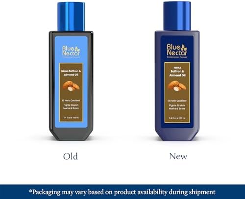 Blue Nectar Saffron & Almond Oil, Ayurveda Product for Crepey Skin | Skin Firming Body Oil for Stretch Marks (12 Herbs, 3.38 Fl Oz)