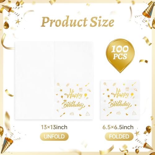 100 PCS Happy Birthday Paper Napkins, 2-Ply Gold Foil Birthday Disposable Decorative Paper Napkins, 13×13 Inch Dinner Cocktail Napkin for Birthday Party Bathroom Table Decor Guest Supplies