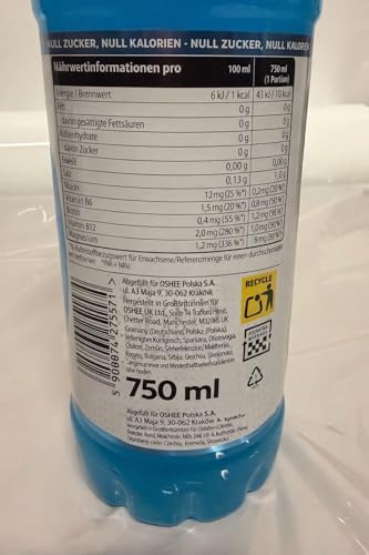 SORINA OSHEE Zero Fruit Flavor Sport Drink 750ml (Pack of 6) - Addition of Vitamins and L-carnitine – Sugar Free – Hydration – Vitamin Drinks