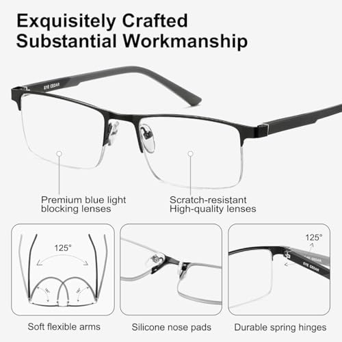 EYECEDAR 5 Pack Premium Blue Light Blocking Reading Glasses Men Metal Half Frame Spring Hinges Computer Readers for Men and Women 1.25