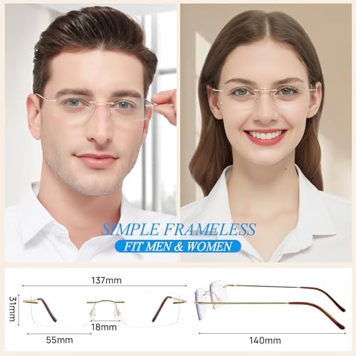Titanium Frameless Reading Glasses for Men Women, Blue Light Blocking Readers 1.0 1.5 2.0 2.5 3.0 3.5