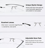 Rimless Reading Glasses for Women and Men +3.50 - Half Moon lens with Gunmetal Arm