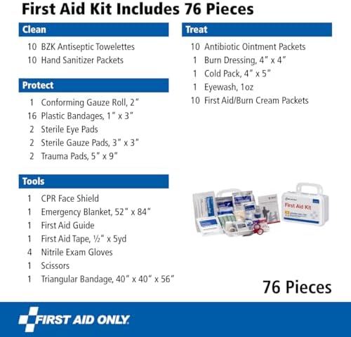 First Aid Only 91322 ANSI A 2021 and OSHA Compliant First Aid Kit, 10-Person Emergency First Aid Kit for Business, Home, Car, and Worksites, 76 Pieces