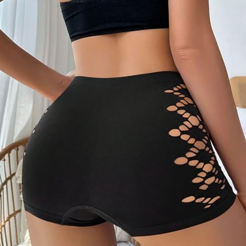 Women's Sexy Seamless High Waist Shorts with Side Unique Cut-Out Design - Black