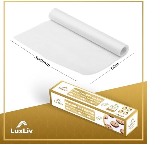 LuxLiv® 12 in x 164 ft White Parchment Paper Roll for Baking – Non-Stick Greaseproof Baking Paper, Cooking & Air Fryer Paper, Sourdough Bread Baking Supplies, Extra-Thick & Easy-Tear Roll