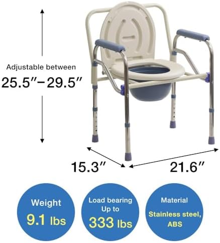 Japard Folding Bedside Commode Toilet for Seniors Adults Portable, Standard Seat, Sturdy Steel Frame, 5.3 QT. Bucket, 330 lbs Weight Capacity, Tool-Free Assembly