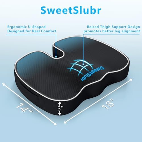 Ergonomic Memory Foam Seat Cushion & Lumbar Support Pillow Set, Orthopedic Coccyx Cushion for Office Chair, Car, Home – Relieves Back, Sciatica & Tailbone Pain, Improves Posture Black/Large