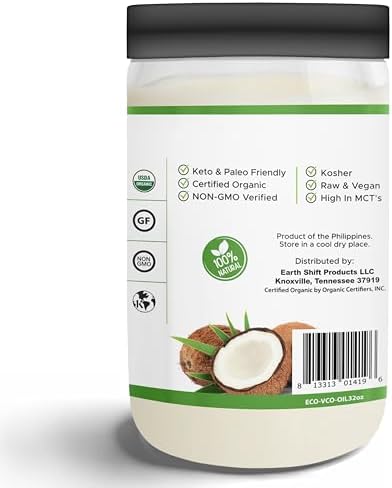 Earth Circle Organics Premium Ultra Pure Extra Virgin Organic Coconut Oil, Cold Pressed, Baking, Smoothies, Skin & Hair Care, Gluten-Free, Keto & Paleo Friendly (32 Ounce Unrefined)