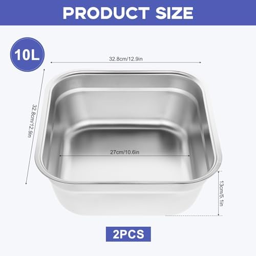 2PCS Stainless Steel Washing Up Bowls, 12.8" Sturdy Square Dish Tub, Fruit Vegetable Washing Basin for Sink, Large Square Containers for Kitchen, Vegetable Washing Basins, Sturdy Dishpans for Home