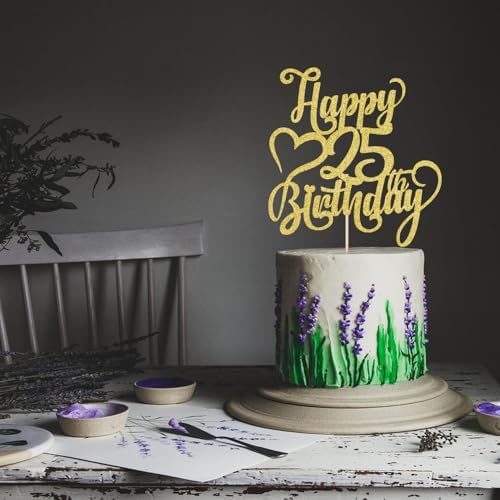 Gold Glitter Happy 25th Birthday Cake Topper - 25 Anniversary/Birthday - Hello 25, Cheers to 25 Years,25 & Fabulous Cake Topper Party Decoration