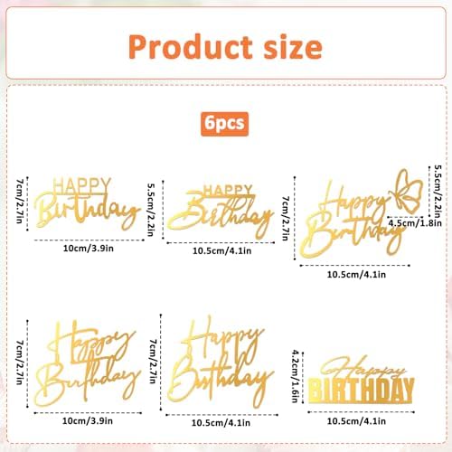 6 Pcs Flat Cake Toppers Gold Happy Birthday Cakes Topper Acrylic Cakes Inserts Flat Happy Birthday Decoration Sign Side Mirror for DIY Party Decorating Supplies