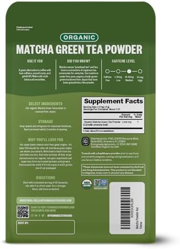 FGO Organic Matcha Green Tea Powder, Japanese Culinary Grade for Cooking, Baking, and Smoothies, 4 Ounce Resealable Bag, Packaging May Vary (Pack of 1)