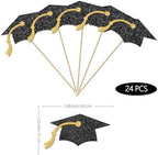 24Pcs Black Gold Glitter Graduation Cap Cupcake Toppers 2026, Grad Cap Cupcake Picks for Class of 2026 Graduation Party Decorations.