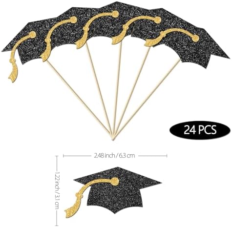 24Pcs Black Gold Glitter Graduation Cap Cupcake Toppers 2026, Grad Cap Cupcake Picks for Class of 2026 Graduation Party Decorations.