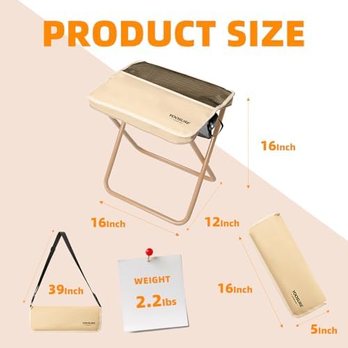 16" Extra Tall XL Portable Chair for Adults, Collapsible Purse Chair Heavy Duty Camp Seat with 3 Storage Pockets for Fishing Hiking Gardening, Lightweight Travel Purse Stool