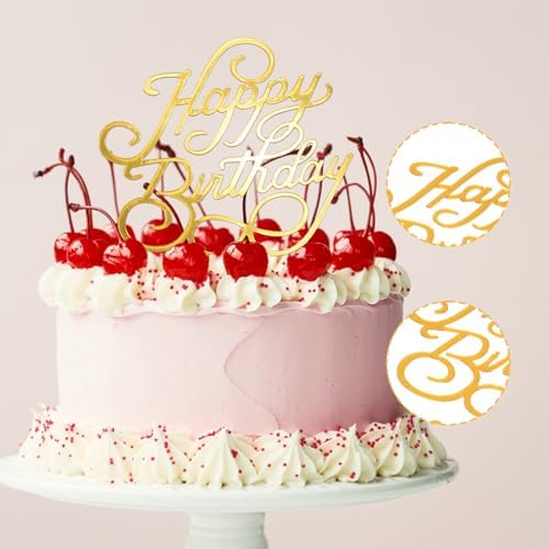 10PCS Gold Happy Birthday Cake Toppers Mirror Acrylic Cake Toppers, Gold Acrylic Birthday Cupcake Toppers for DIY Cake Decor Cake Tools Birthday Party Supplies