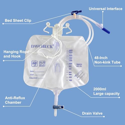 5 Pack Urinary Drainage Bag with Anti-Reflux Chamber,2000mL Urine Bags with 48" Tube Drainage,Splash-Resistant Drain Spout,Clips and Hanging Hook,Disposable Urine Bags for Men