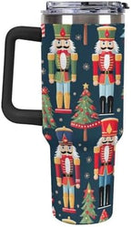 40oz Insulated Stainless Steel Tumbler with Handle, Christmas Nutcracker Tree Leakproof Water Bottles Travel Mug with Lid And Straw for Water, Iced Tea Or Coffee for Most Car Cup Holder
