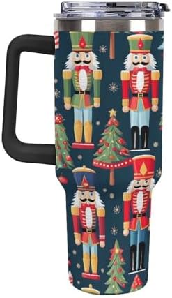 40oz Insulated Stainless Steel Tumbler with Handle, Christmas Nutcracker Tree Leakproof Water Bottles Travel Mug with Lid And Straw for Water, Iced Tea Or Coffee for Most Car Cup Holder