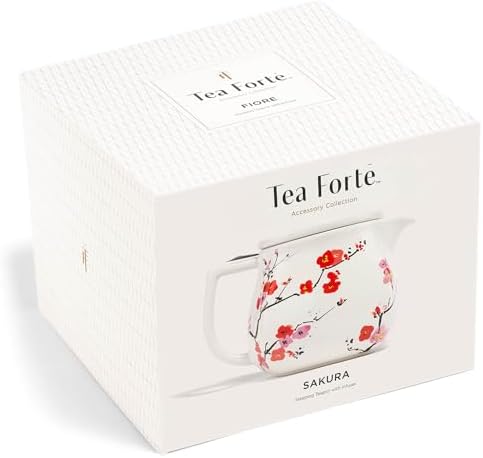 Tea Forte Ceramic Teapot with Removable Stainless Steel Infuser Basket and Lid, Steeps 24 oz. Loose Leaf Tea, Dishwasher & Microwave Safe, Gifts for Mom, Sakura Cherry Blossom