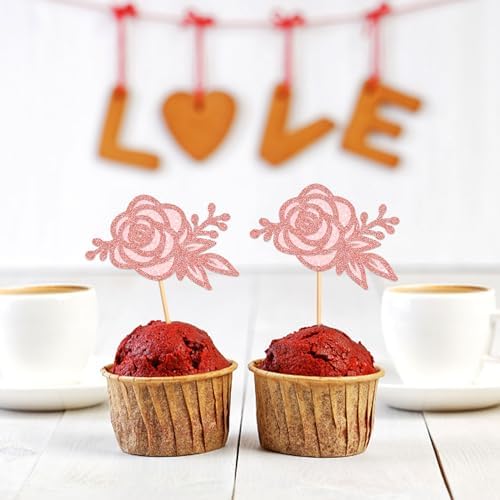 24Pcs Glitter Pink Rose Flower Cupcake Topper Double Layers Roses Flowers Cupcake Picks for Floral Bridal Shower Wedding Anniversary Mother's Day Valentine's Day Floral Birthday Cupcake Decoration