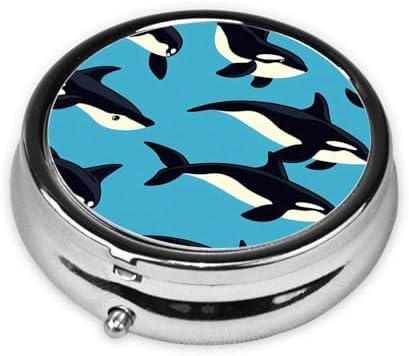 Cute Dolphin Pill Box Travel Sea Whale Coral Round Pill Organizer with 3 Compartments Metal Medicine Case for Vitamins Fish Oil and Supplements