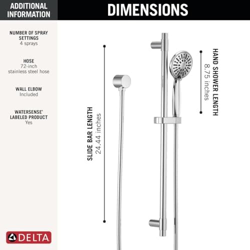 Delta Faucet Slide Bar Hand Held Shower with Hose, Chrome Handheld Shower Head, Slide Bar Hand Shower, Handheld Shower, Detachable Shower Head, Chrome 51361