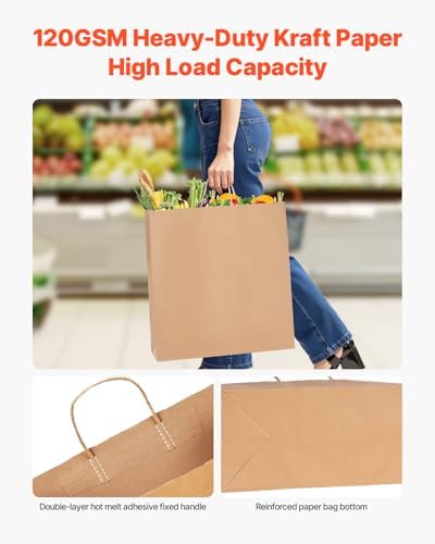 VEVOR Kraft Paper Bags with Handles, 100Pcs 18 x 7 x 19 in, Large Paper Grocery Bags, Reusable & 100% Recycled Take-Out Sacks, Plain Party Bag Bulk for Birthday, Wedding, Business, Goody, Brown