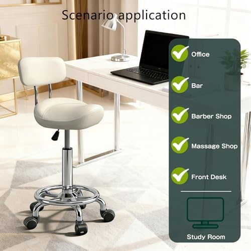 Saddle Stool with Back and Ring Pedal, Adjustable Hydraulic Rolling Chair with Wheels for Salon, Spa, Medical, Massage & Drafting Use White