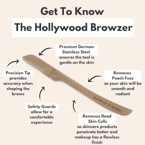 Hollywood Browzer Dermaplaning Face Razor Women - Facial Hair Remover - Peach Fuzz Exfoliating Tool - Eyebrow Shaper - Precision Blade Sensitive Skin Care for Upper Lip Chin -Travel Size Grooming Kit