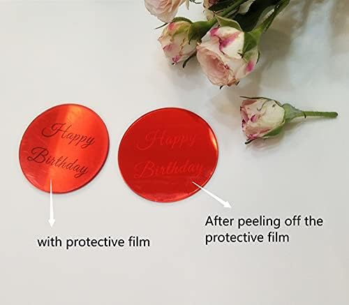 Set of 12pcs Happy Birthday Cake Disc Cupcake Toppers, Mirror Acrylic Cake Charm, Engraved Topper,Mini Acrylic Cake Toppers (Red Mirror)