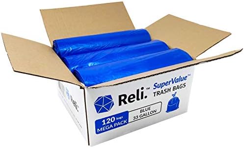 Reli. SuperValue 33 Gallon Recycling Bags (120 Count) Made in the USA - Blue Trash Bags, 30-33 Gallon | Recycling, Garbage | 33Gal with 30Gal - 35Gal Capacity