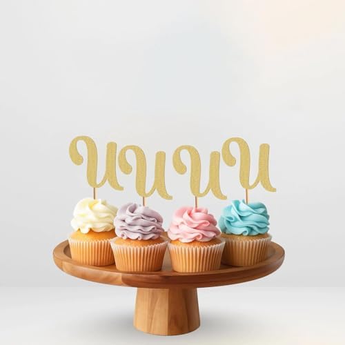26 letter Cupcake Topper - 24 Pack Glitter Gold letter U Cupcake Decorations, Suitable for Birthday Party, Wedding Anniversary or Photo Booth Props (U)