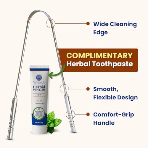 Tongue Scraper for Adults with Herbal Toothpaste, 100% Stainless Steel, Reduce Bad Breath, Tongue Scrubber, Easy to Use, Tongue Cleaner for Oral Care & Hygiene (Stainless Steel Tongue Scraper, 3 Pack)