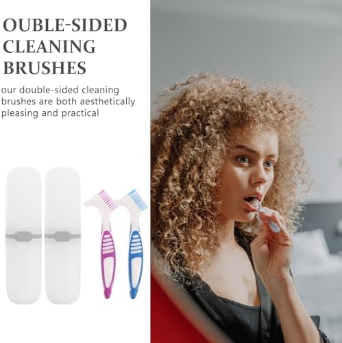 Healeved Denture Brush Set with Travel Case Double-Sided False Teeth Toothbrush Compact Storage Box for Oral Care Portable 6.3X2X0.8 Inches