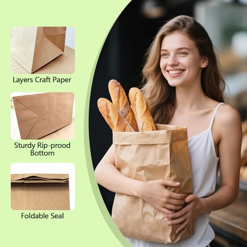 100 Pack Paper Kraft Paper Bags,58 Lbs Heavy Duty Large Grocery Brown Bag,14x10.5x6.5 Inch Bags for Storage,Take out,Shopping,Sacks
