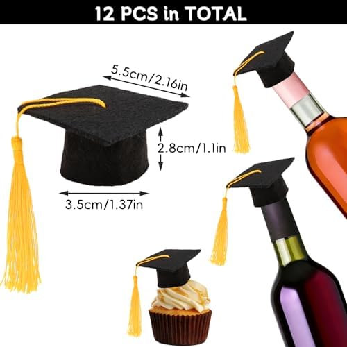 12 Pack Mini Graduation Caps with Tassels Grad Hat Cake Wine Bottle Toppers for Graduation Party Decorations