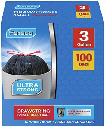 Feisco 3 Gallon Black Trash Bag,Small Drawstring Garbage Bag Trash Can Liner,100 Counts,0.55 Mil
